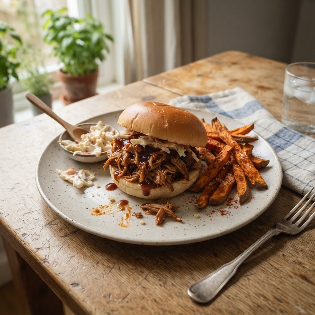 Deep South Pulled Pork with Coleslaw and Sweet Potato Fries finished dish
