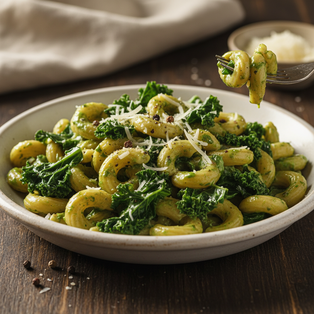 Garlic Parmesan Kale Pasta finished dish
