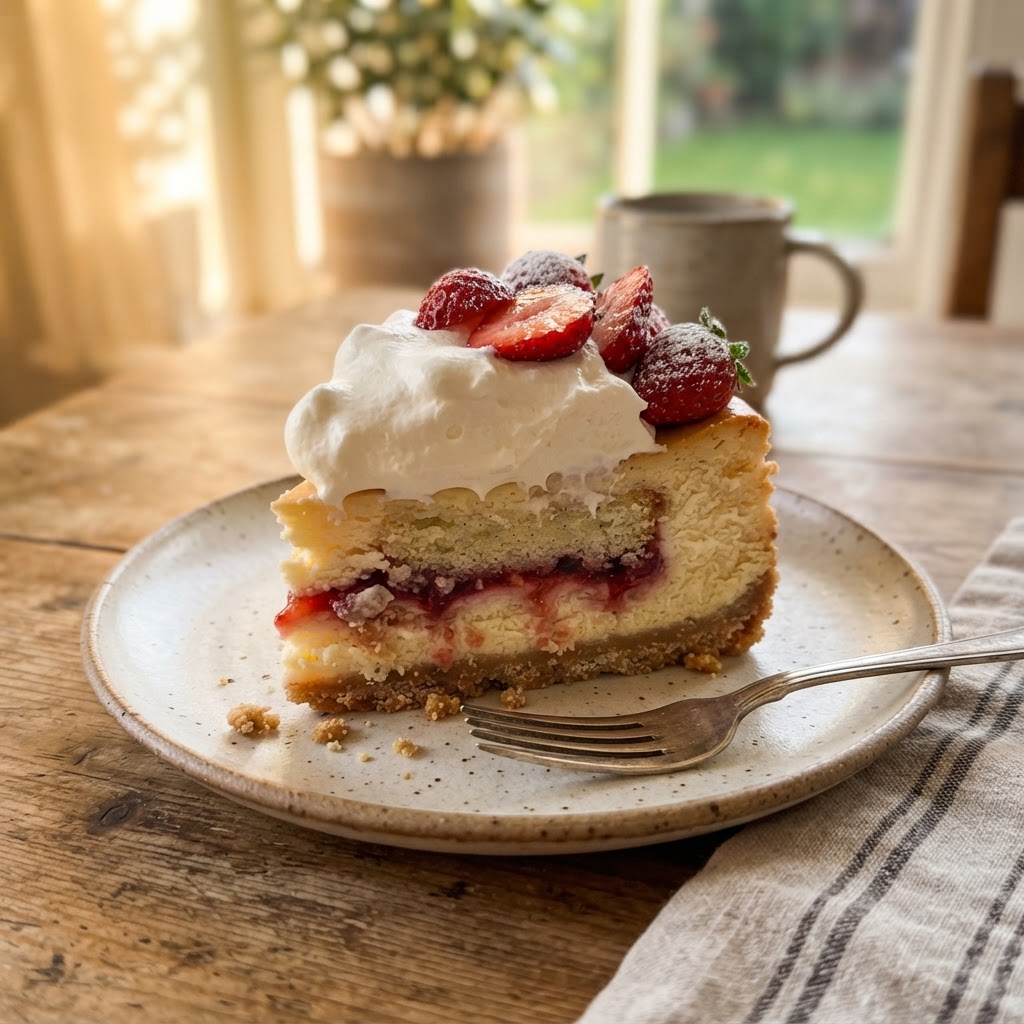 Gluten-Free Strawberry Shortcake Cheesecake finished dish