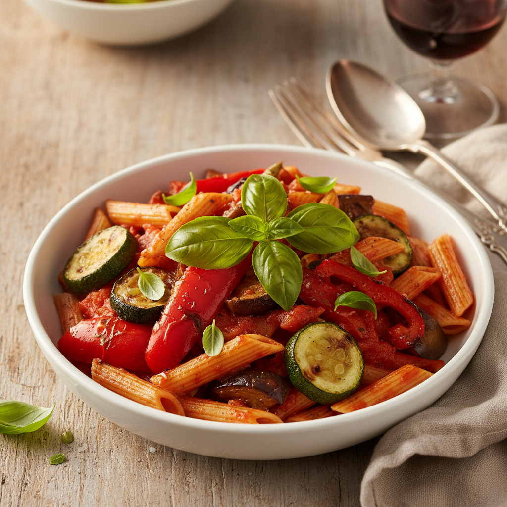 Penne with Roasted Vegetable & Tomato Sauce finished dish