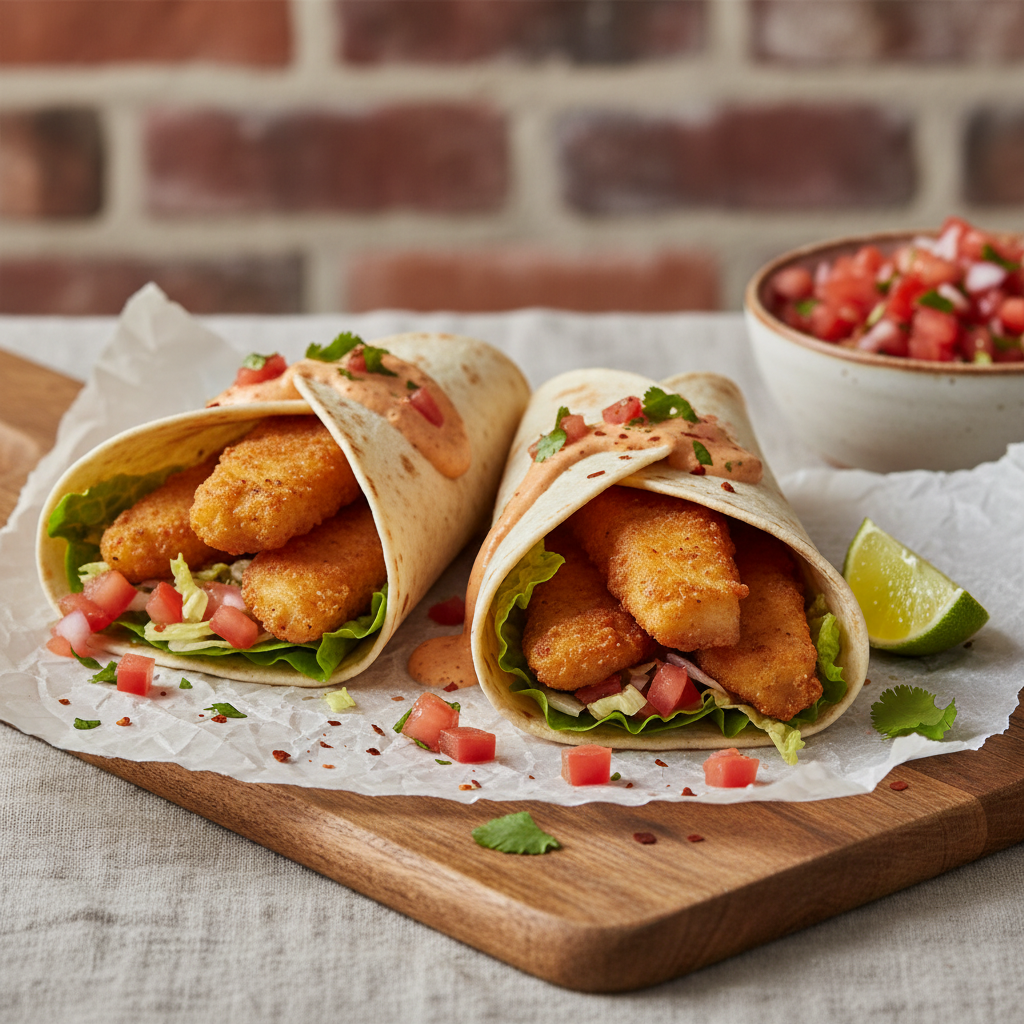 Crispy Cod Wraps with Salsa & Harissa Lime Mayo finished dish