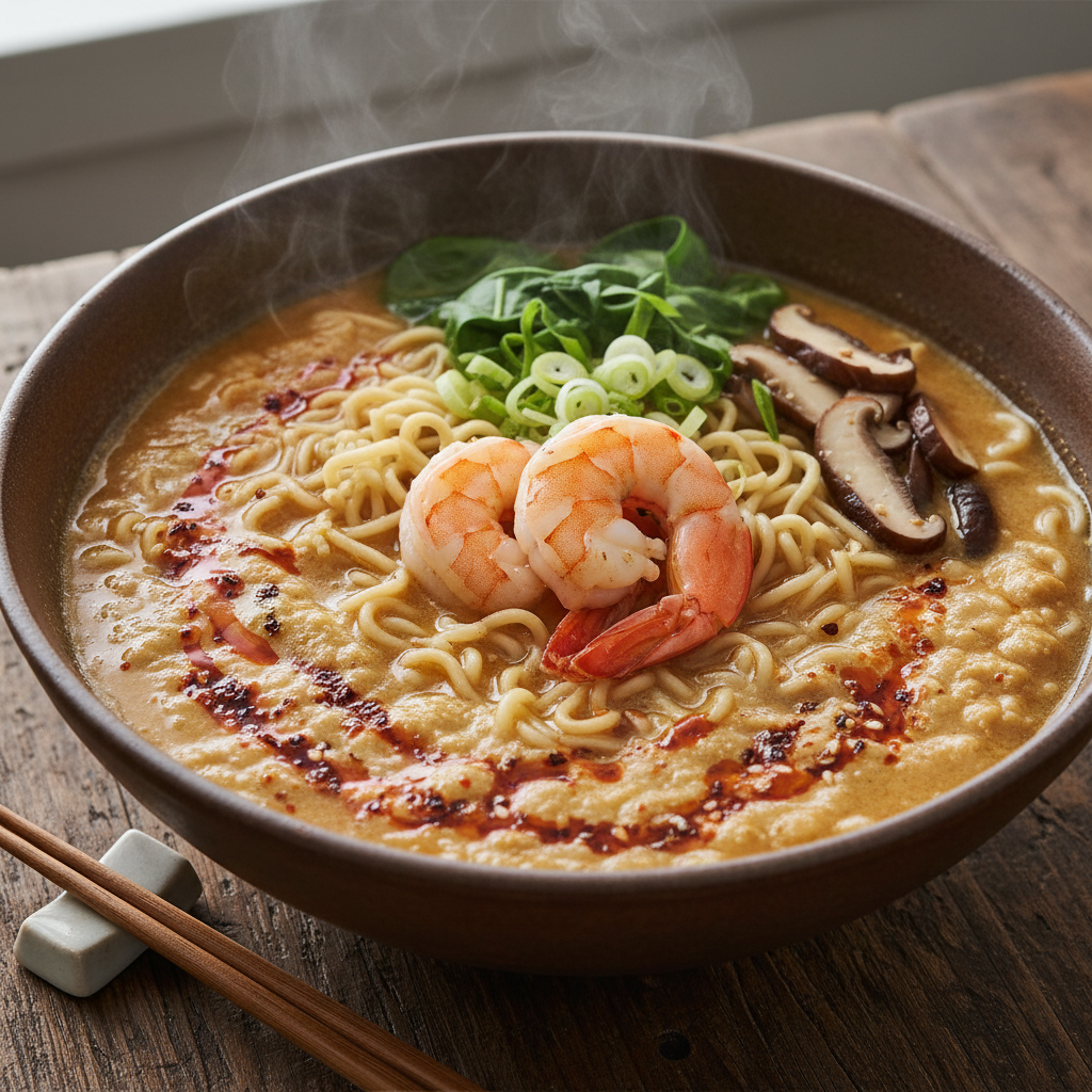 Miso Prawn & Mushroom Noodle Bowl finished dish