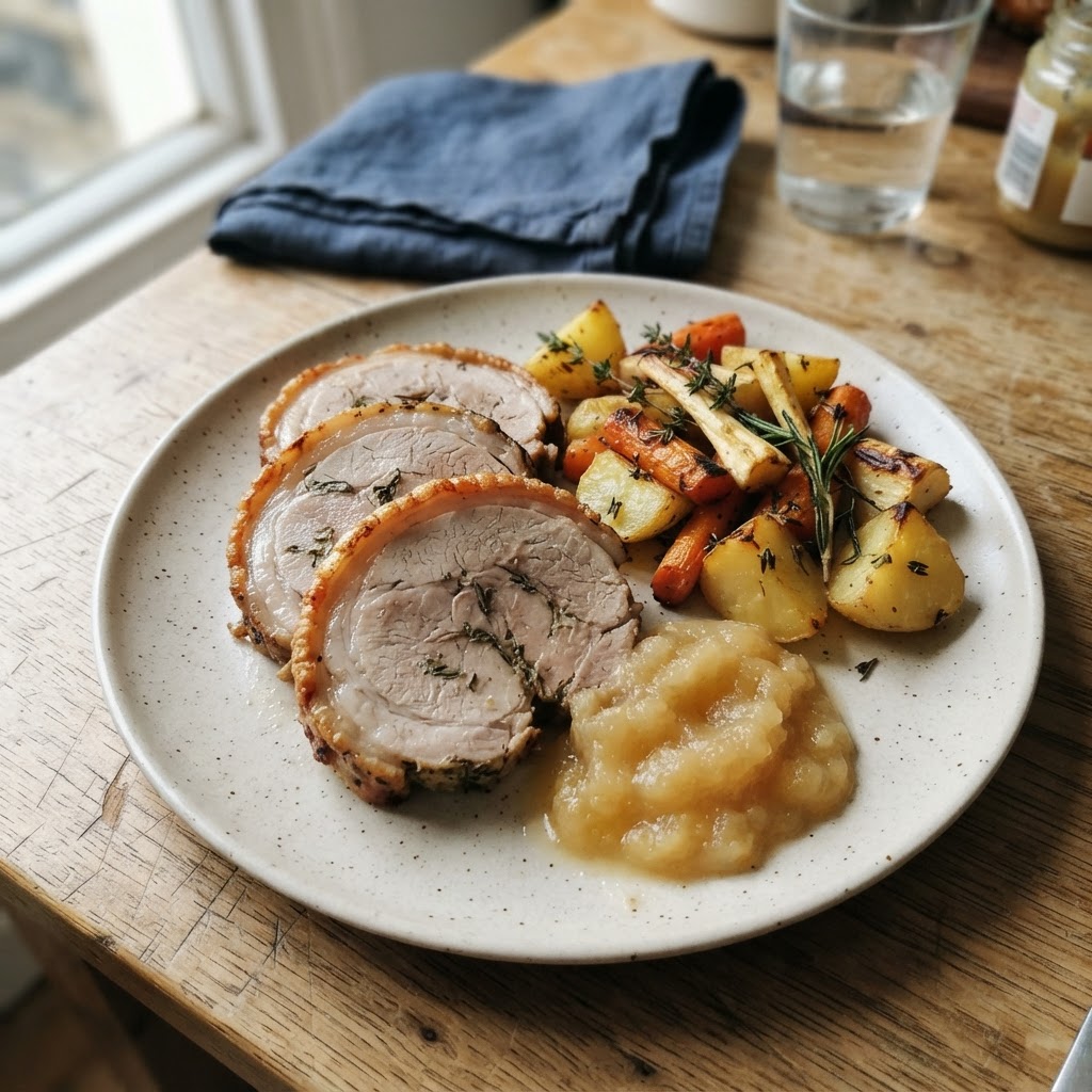 Rolled Roast Loin of Pork with Homemade Apple Sauce finished dish