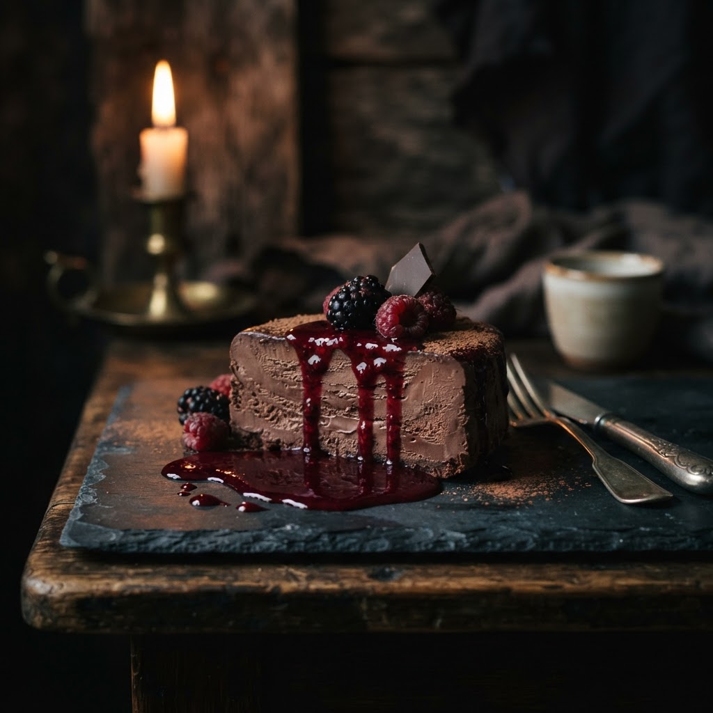 Dark Chocolate Parfait with Berry Sauce finished dish