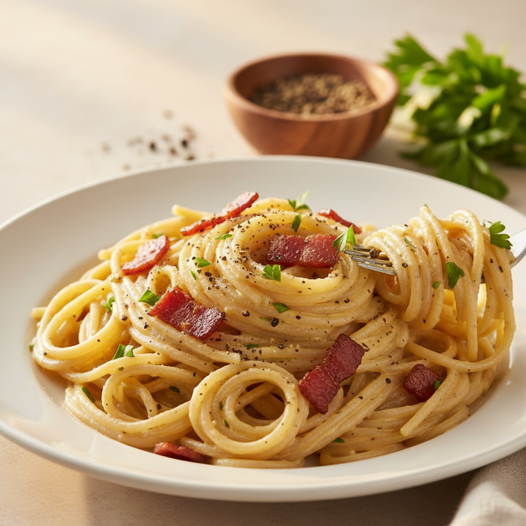 Healthy Pasta Carbonara finished dish