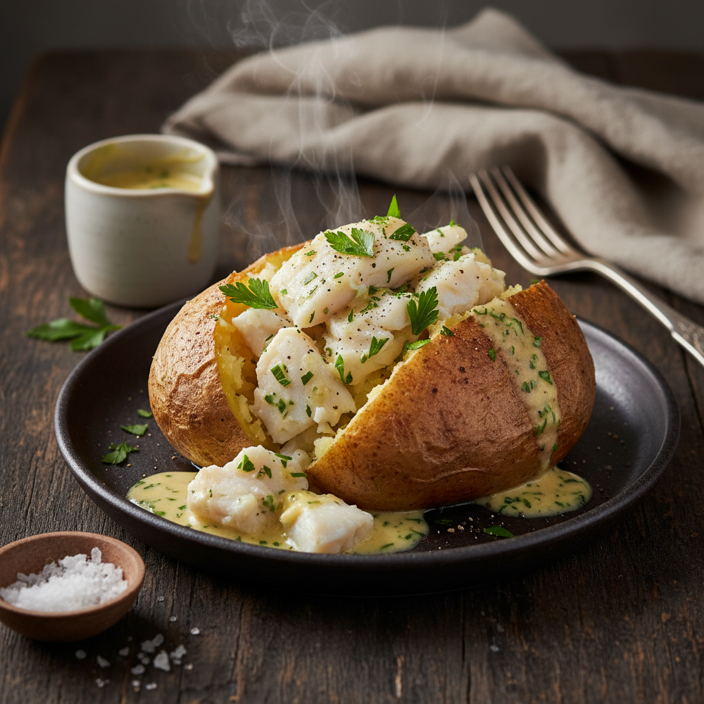 Cod & Parsley Stuffed Jacket Potato finished dish