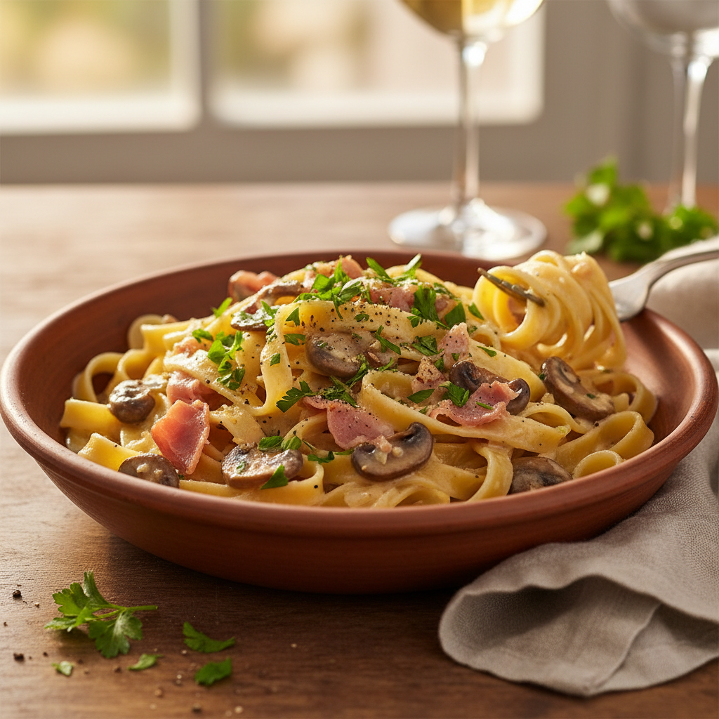 Ham & Mushroom Tagliatelle finished dish