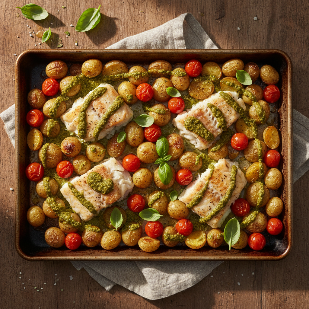 Fish & Potato Traybake with Pesto finished dish