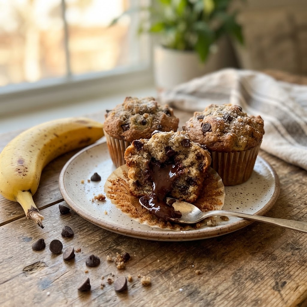 Chocolate-Filled Banana Muffins finished dish
