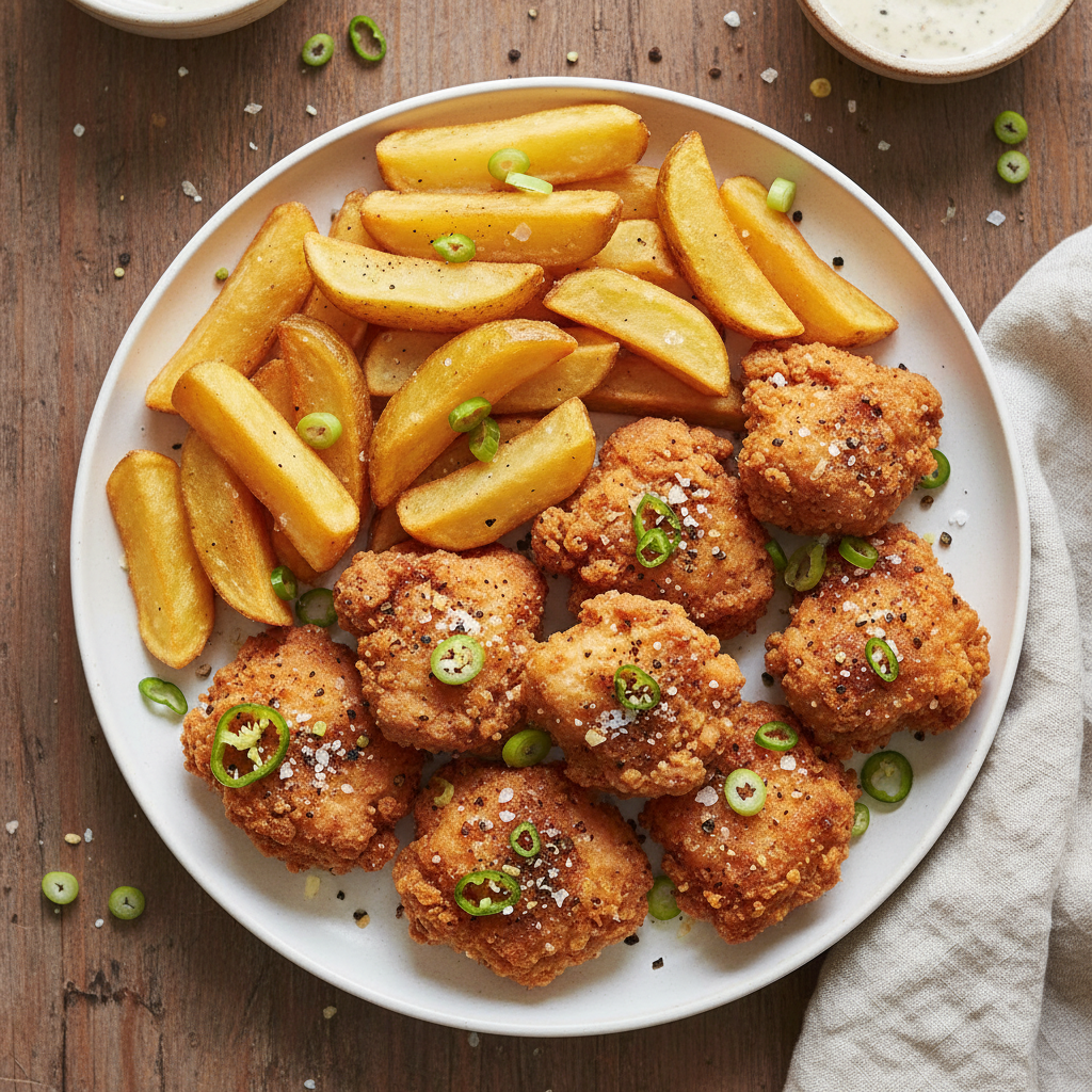 Salt & Pepper Chicken with Chips finished dish