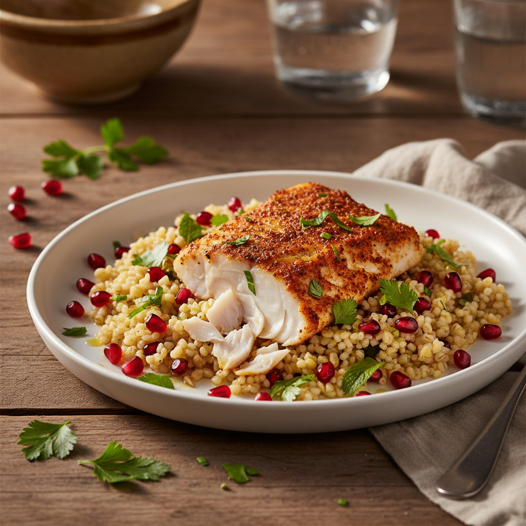 Harissa Baked Fish with Bulgur Wheat finished dish
