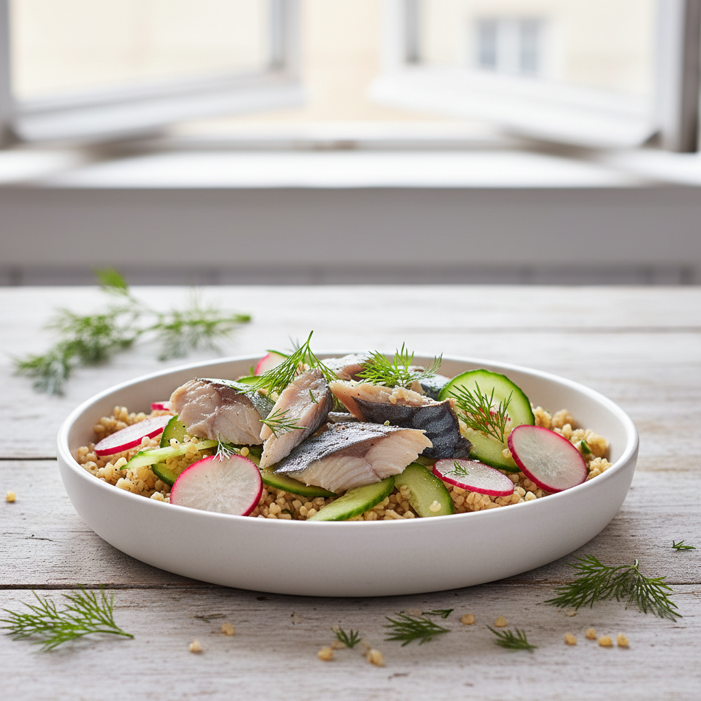 Smoked Mackerel, Radish, Cucumber, Dill & Bulgur Wheat Grain Bowl finished dish