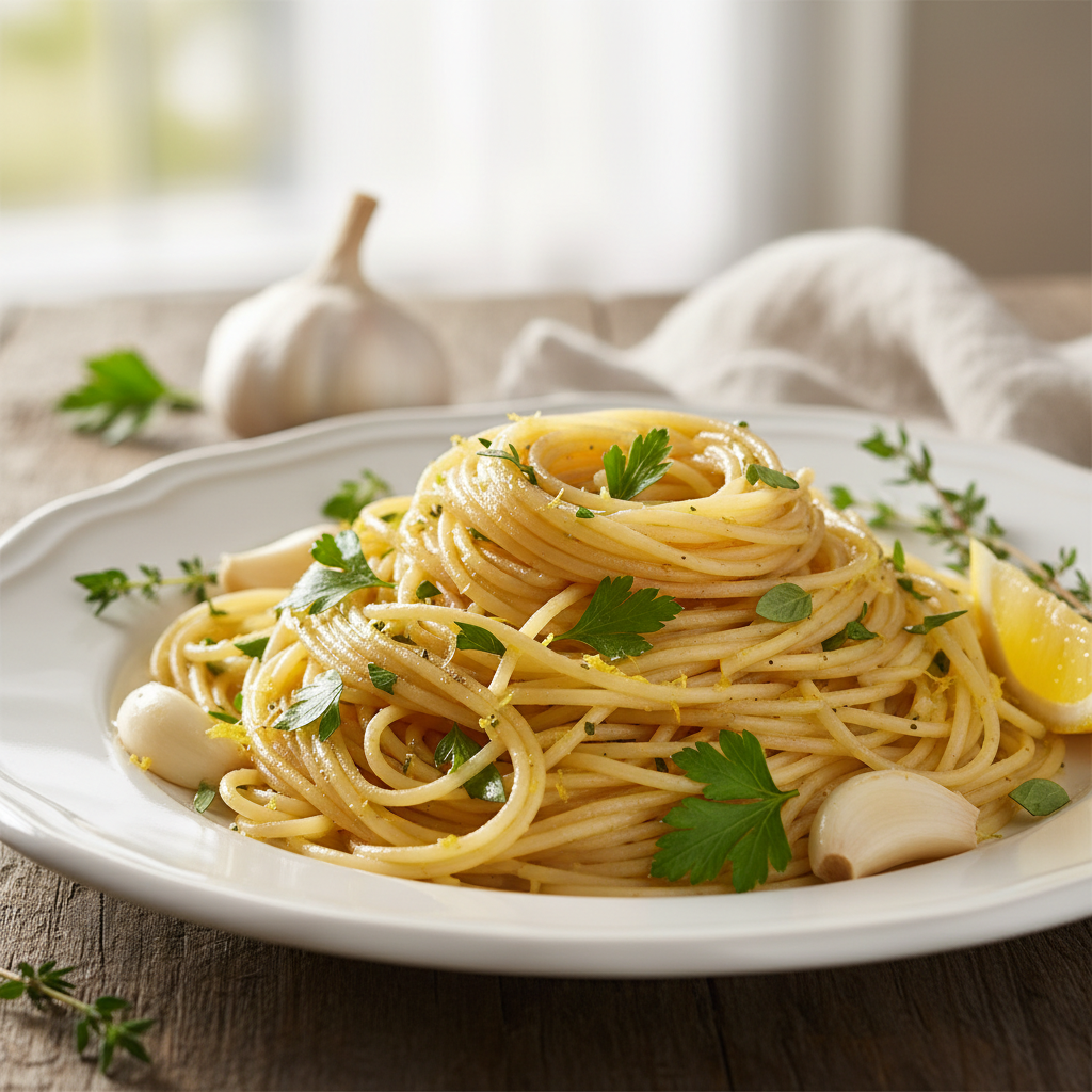 Angel Hair Pasta with Garlic & Herbs finished dish