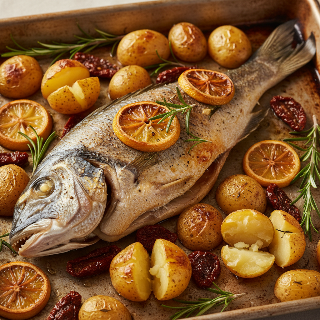 Whole Baked Fish with Potatoes, Lemon & Sundried Tomatoes finished dish