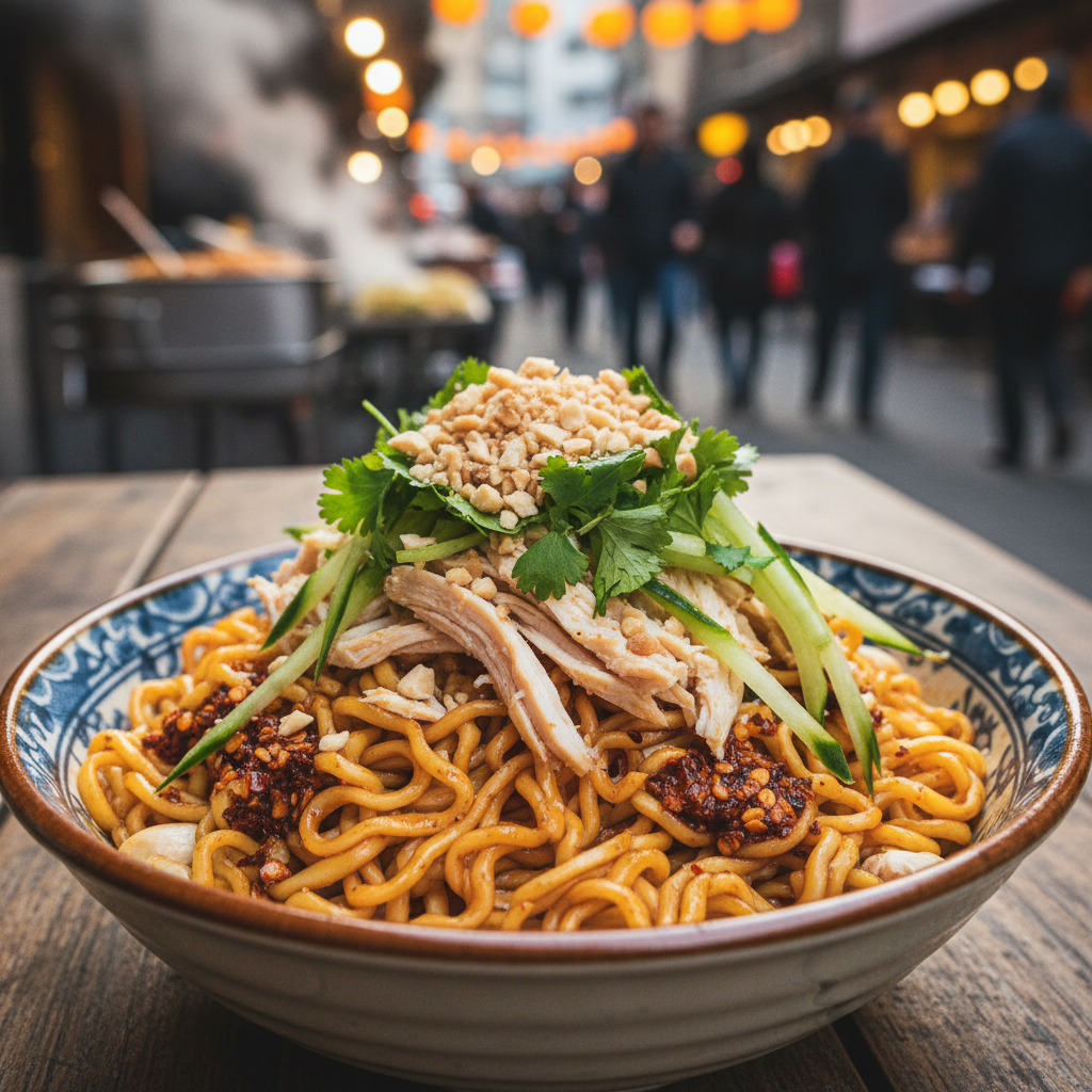 Peanut Chilli Crisp Noodles with Chicken & Cucumber finished dish