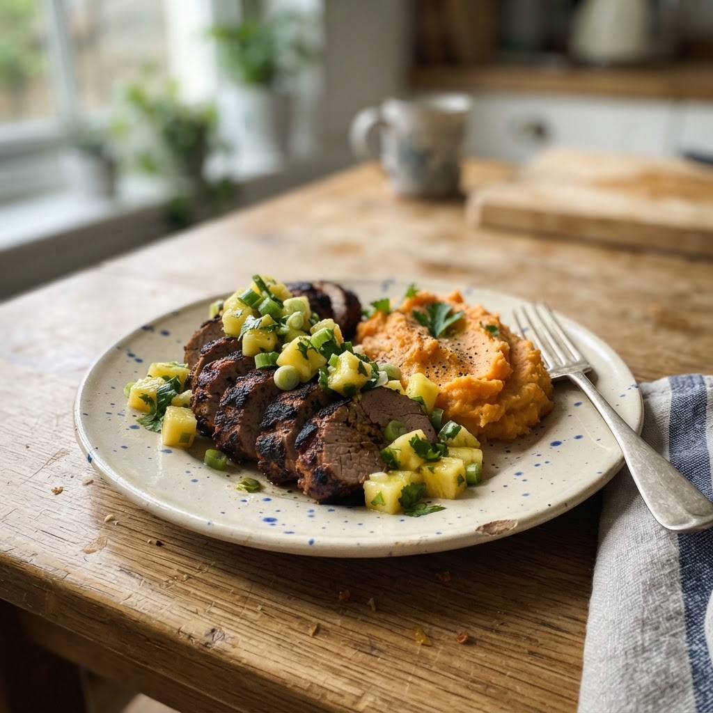 Jerk Pork with Sweet Potato Mash finished dish
