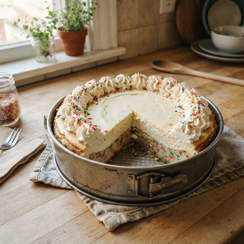 Birthday 'Box' Cake Bottom Cheesecake finished dish