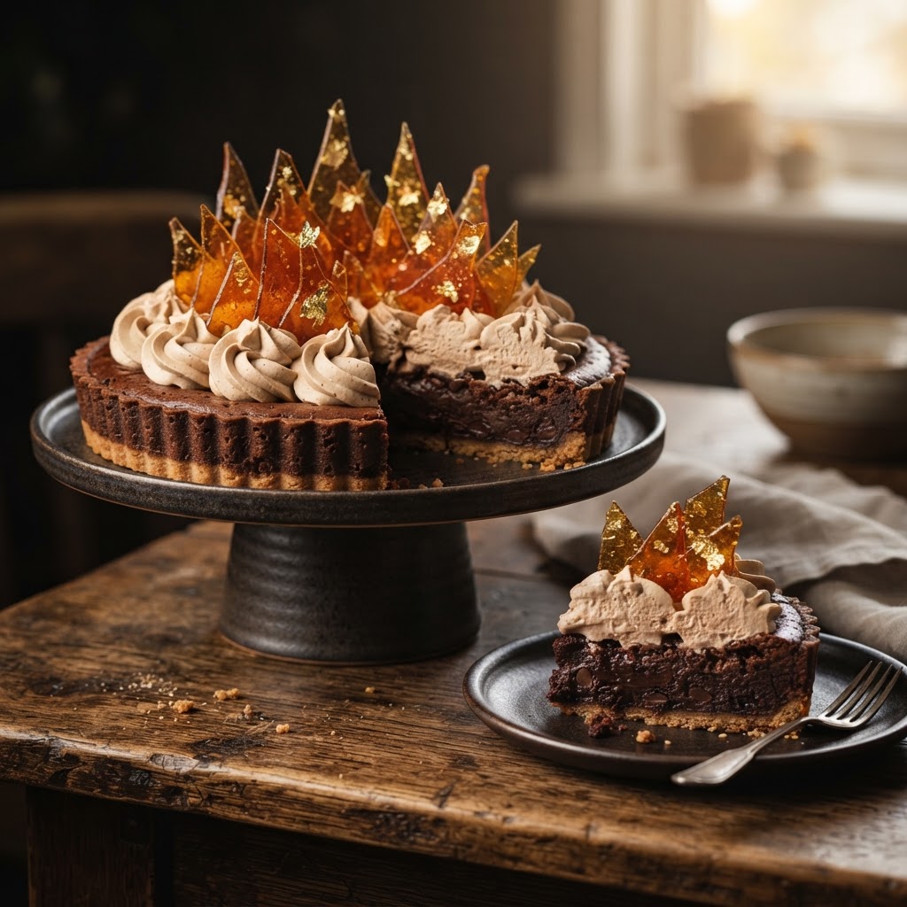 Brownie Tart with Coffee Cream and Toffee Shards finished dish