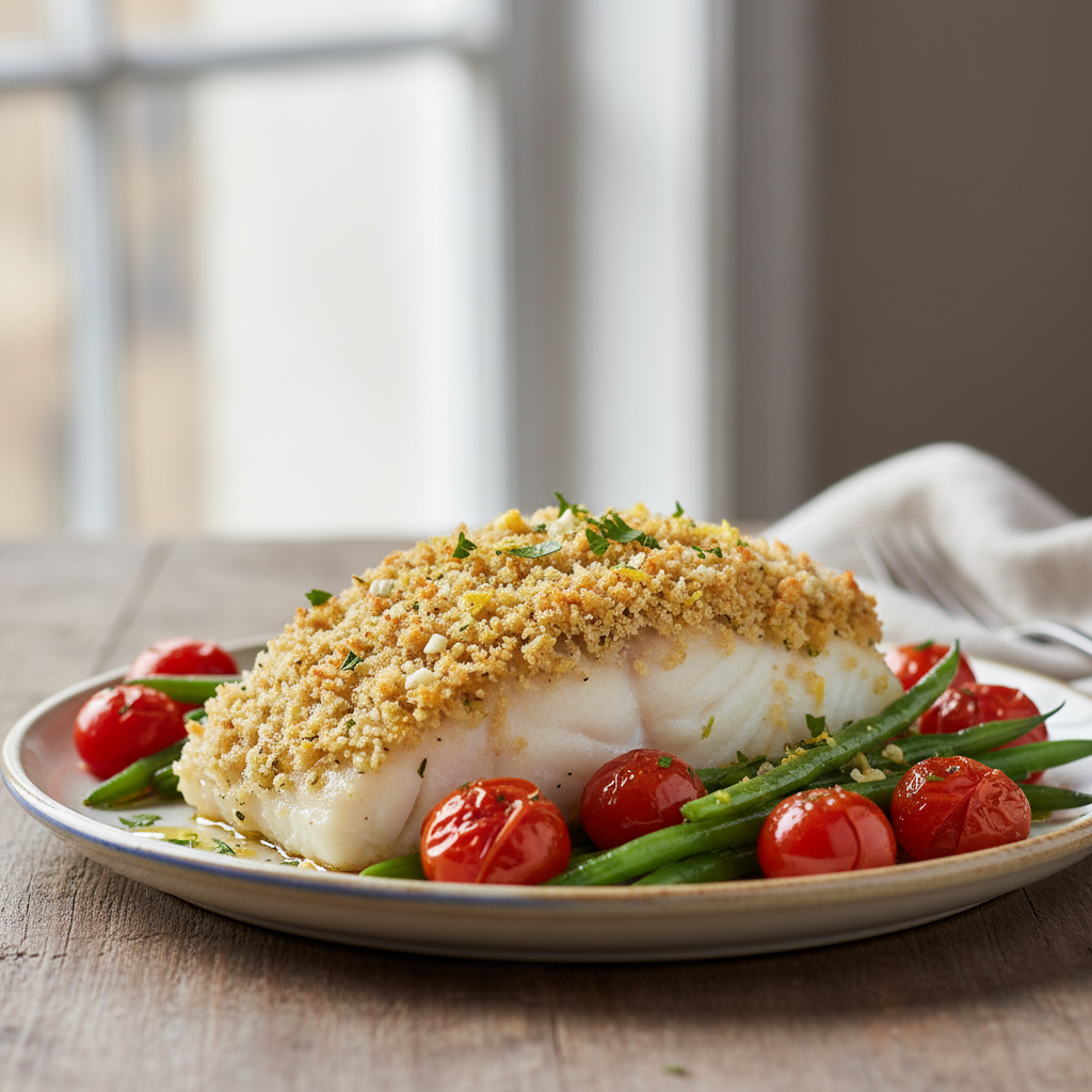 Roast Cod with Lemon Garlic & Parsley Crust finished dish
