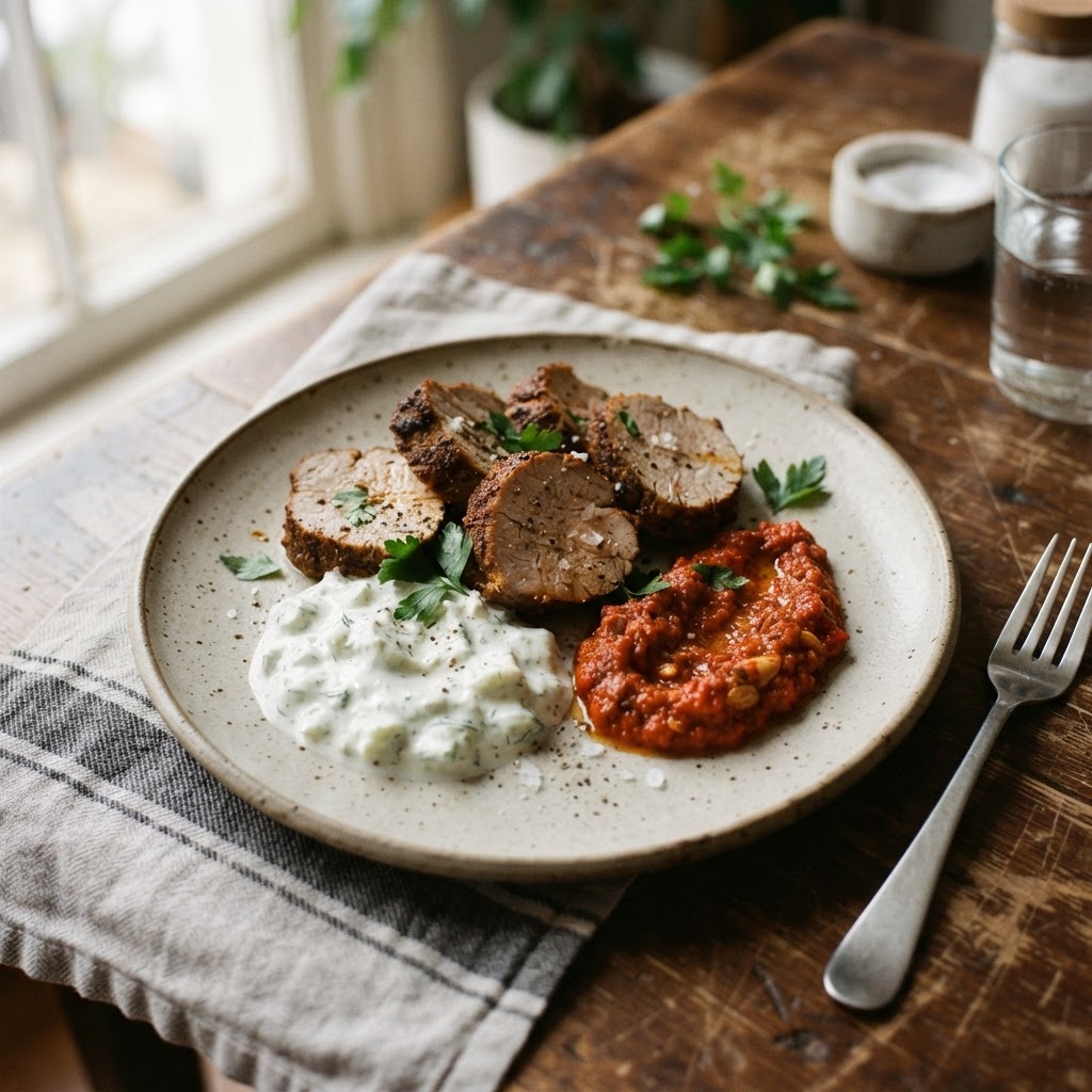 Spice-Rubbed Pork Fillet with Tzatziki and Romesco finished dish