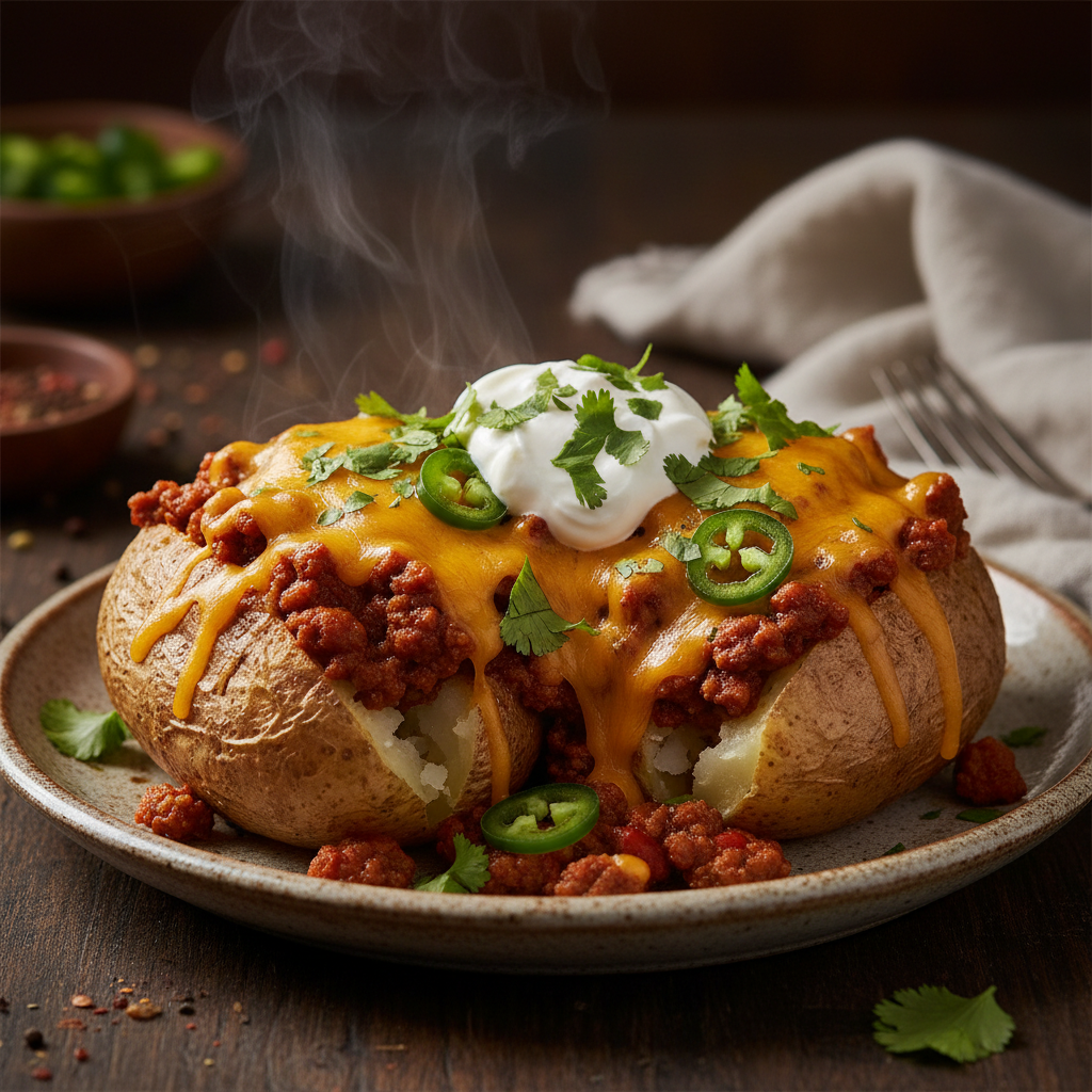 Chilli Beef with Jacket Potatoes finished dish