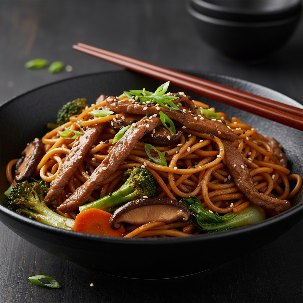 Beef & Shiitake Chow Mein finished dish