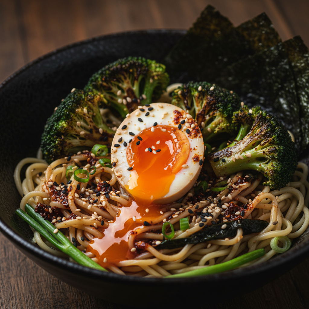 Ramen Noodles with Egg, Broccoli & Chilli Oil finished dish