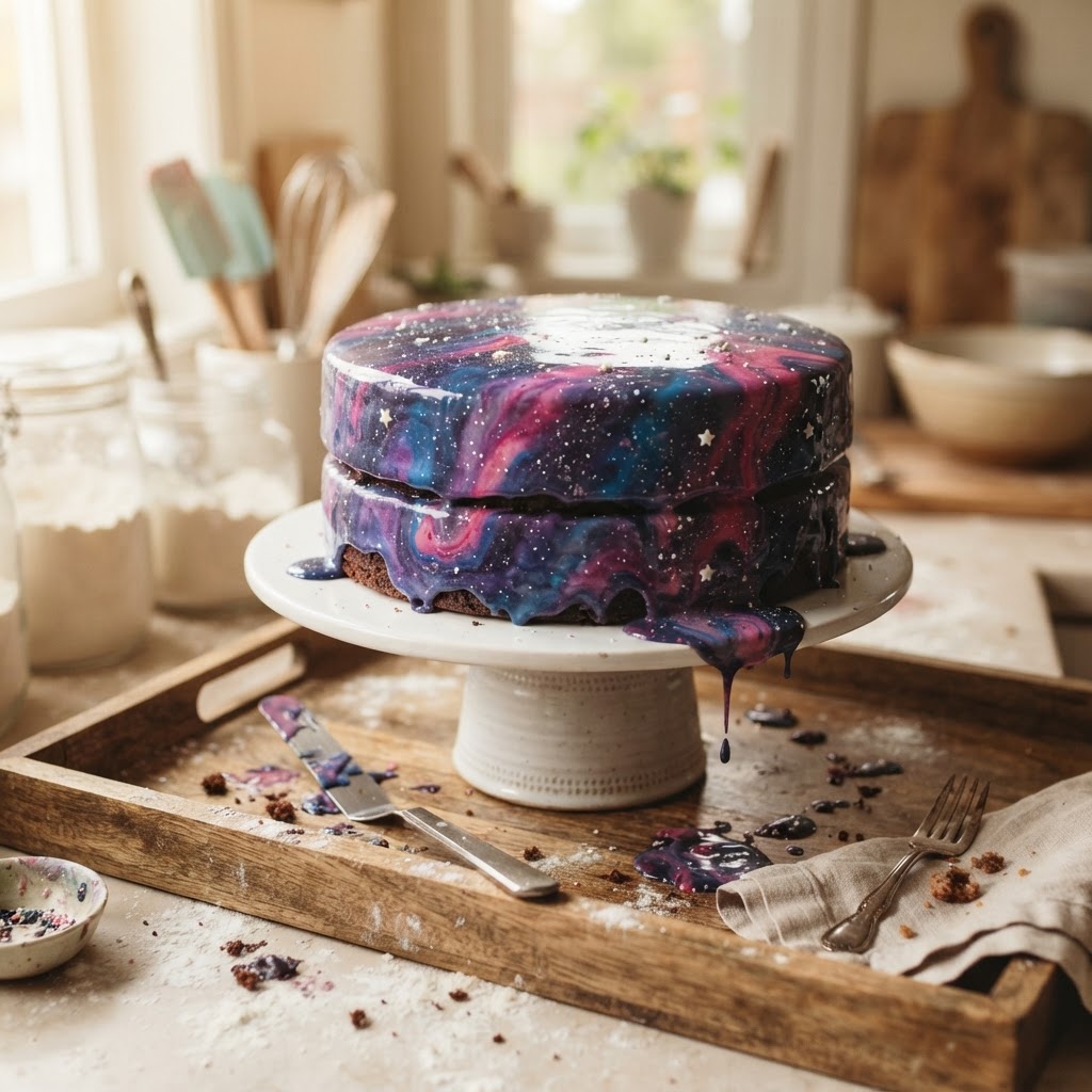 Galaxy Mirror Glazed 'Box' Cake finished dish