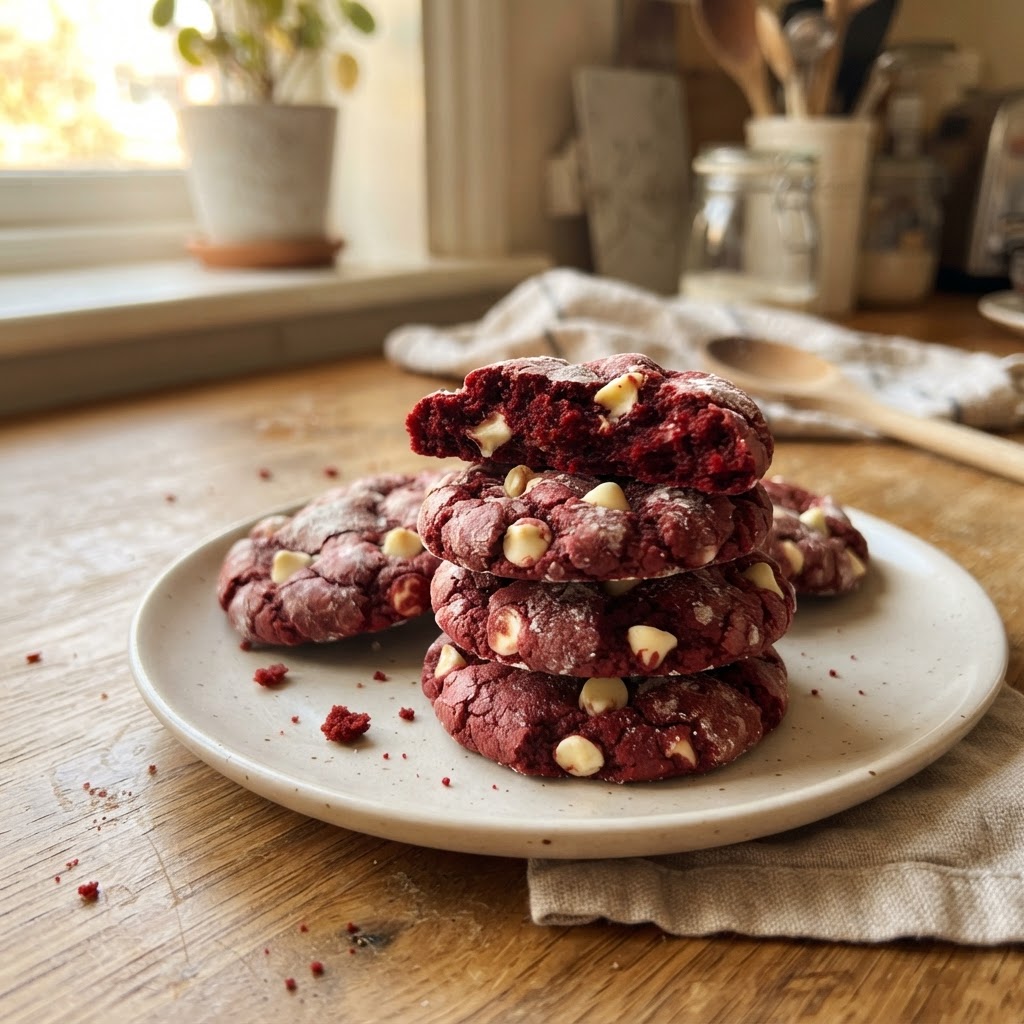 Red Velvet White Chocolate Cake Mix Cookies finished dish