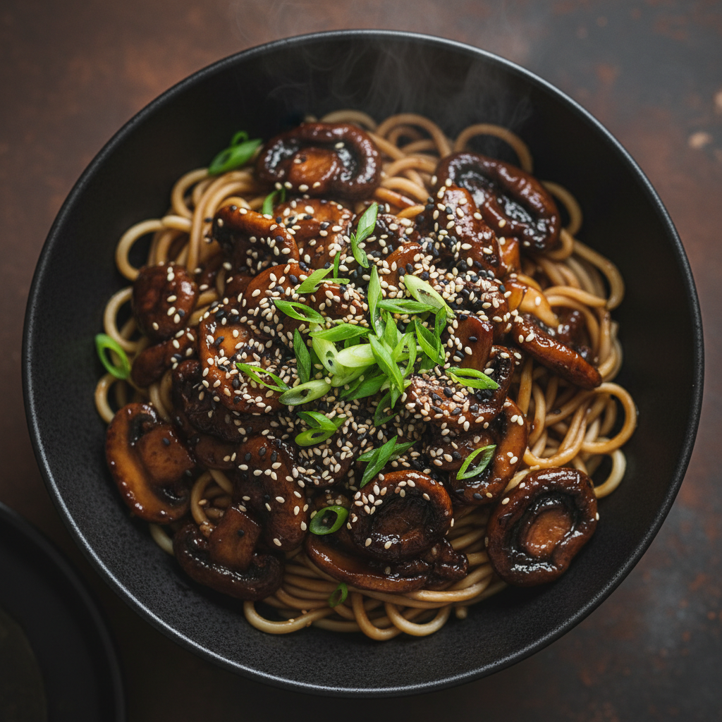 Ramen Noodles with Sticky Soy Mushrooms finished dish