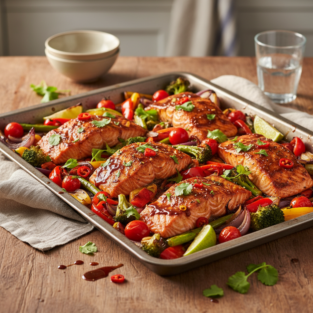 Salmon Traybake with Soy, Chilli & Lime finished dish
