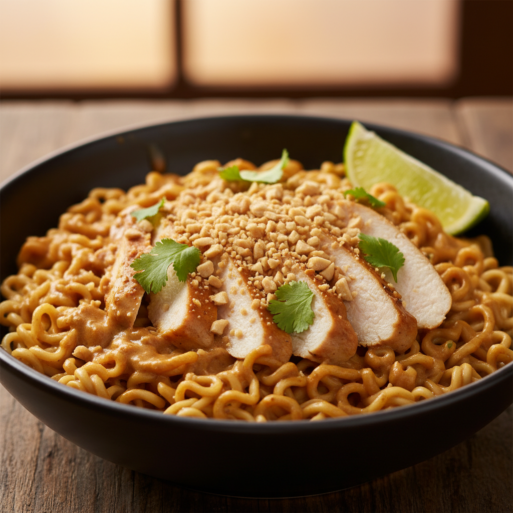 Ramen Noodles with Chicken & Peanut Sauce finished dish