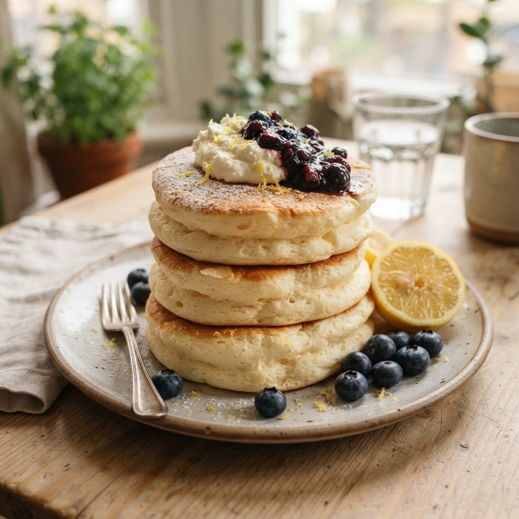 Lemon Ricotta Soufflé Pancakes finished dish