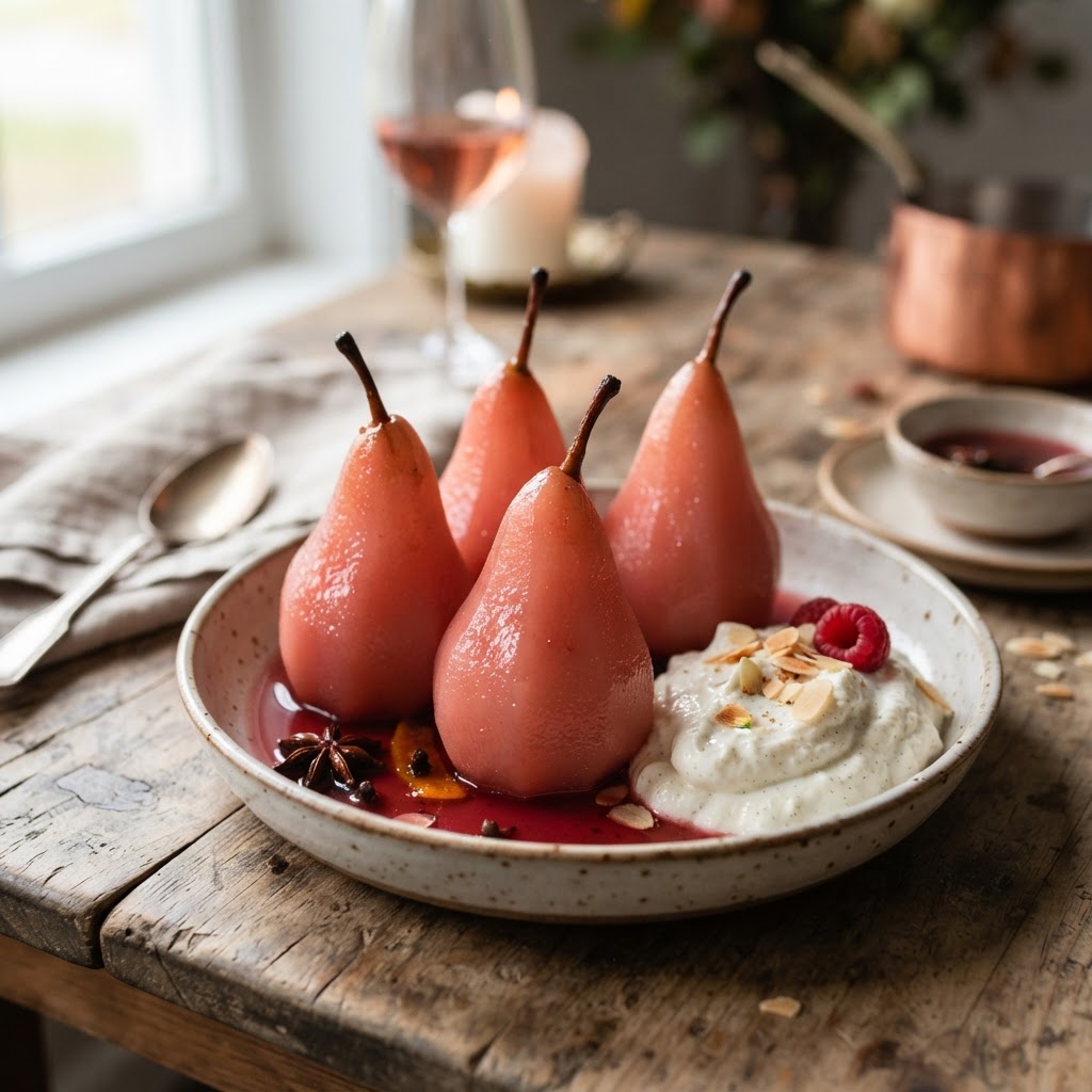 Rosé Poached Pears finished dish