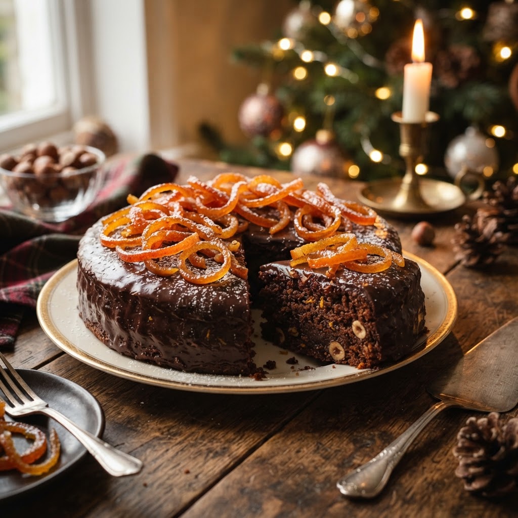 Chocolate, Blood Orange and Hazelnut Cake finished dish