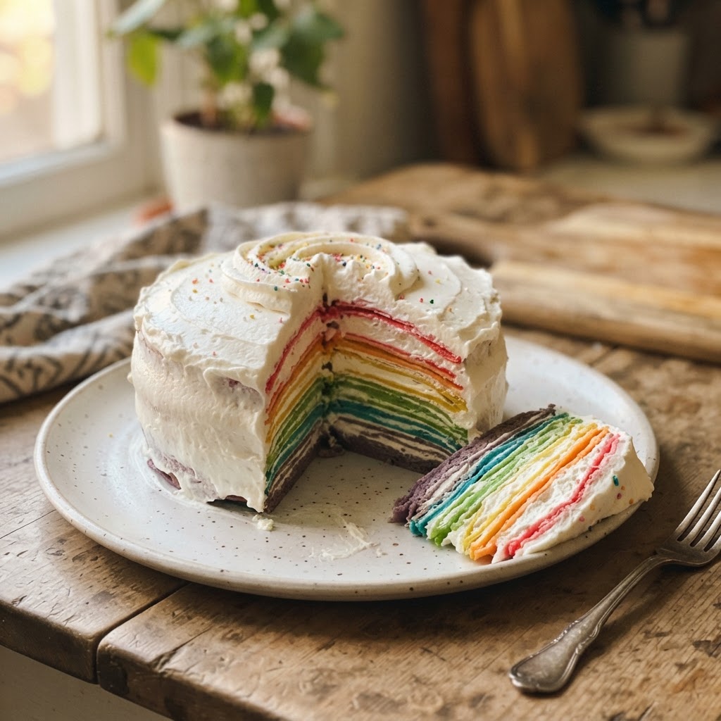 Rainbow Crepe Cake finished dish