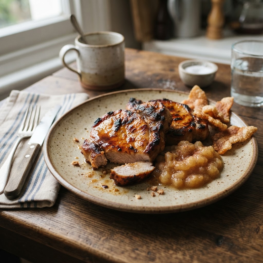 Pork Chops with Cider Glaze, Spiced Apple Sauce and Crackling finished dish