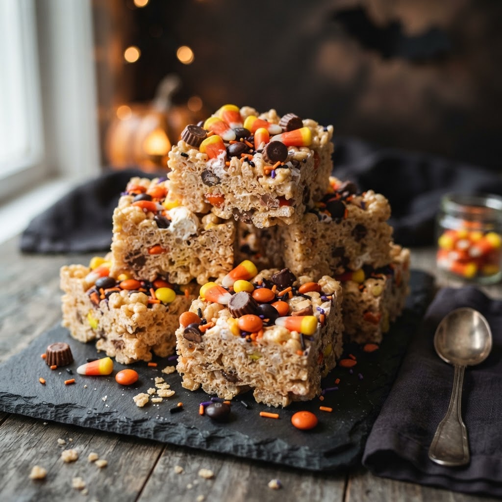 Vanilla Crispy Treats with Leftover Halloween Sweets finished dish