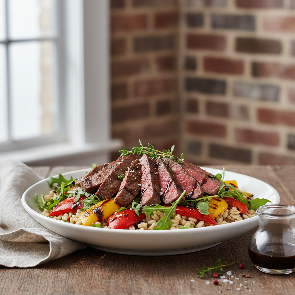 Steak, Roasted Pepper & Pearl Barley Salad finished dish