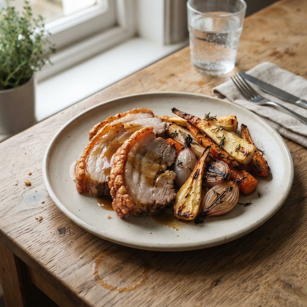 Roast Belly of Pork with Root Vegetables finished dish