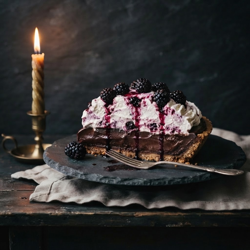 Halloween Mississippi Mud Pie with Blackberries finished dish