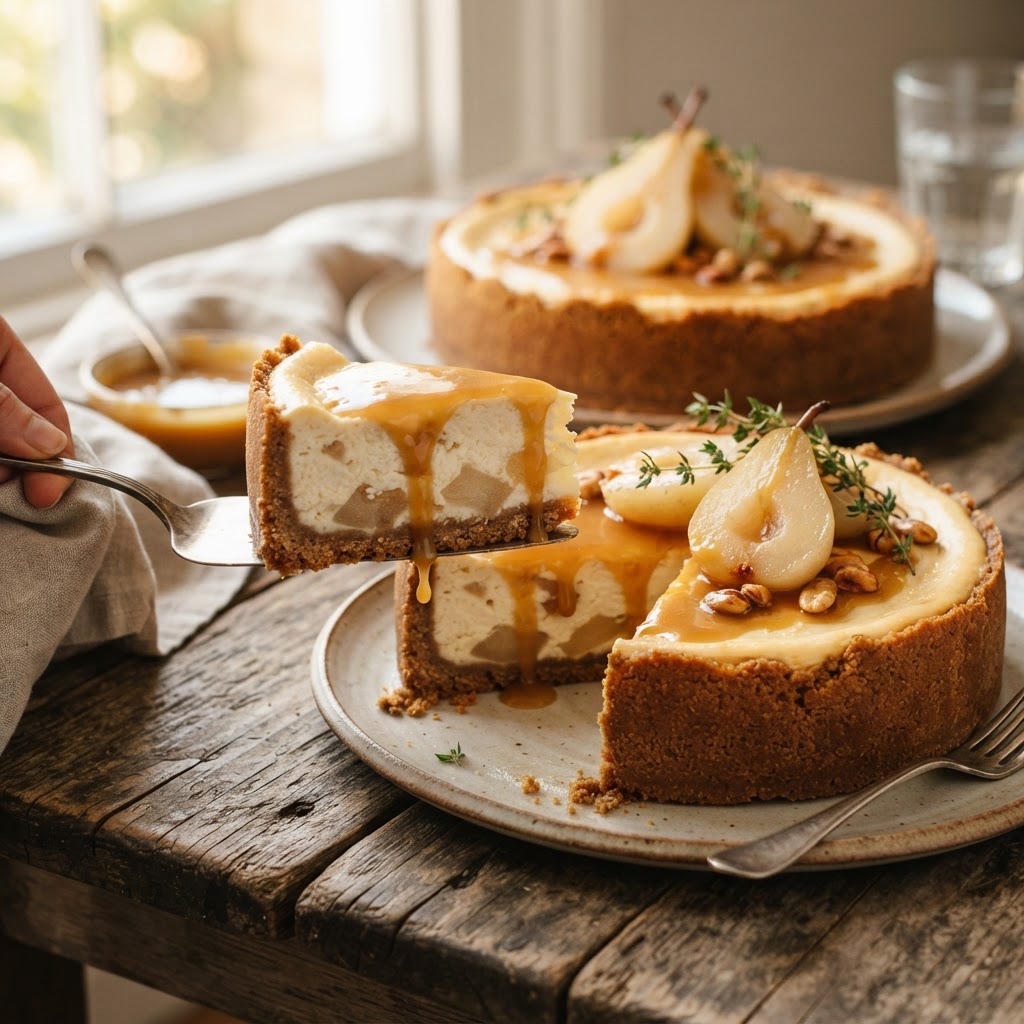 Pear and Butterscotch Cheesecake finished dish