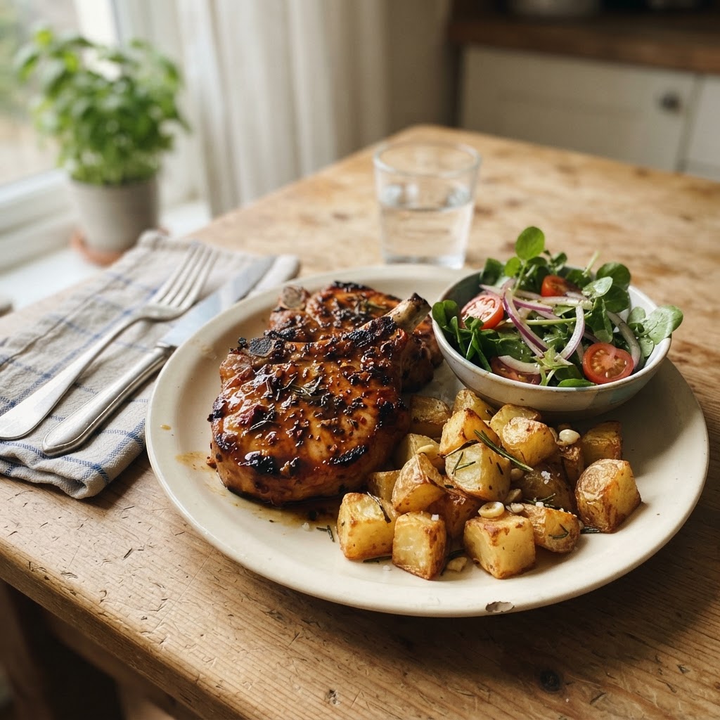 Hot Honey Pork Chops with Garlic Potatoes finished dish
