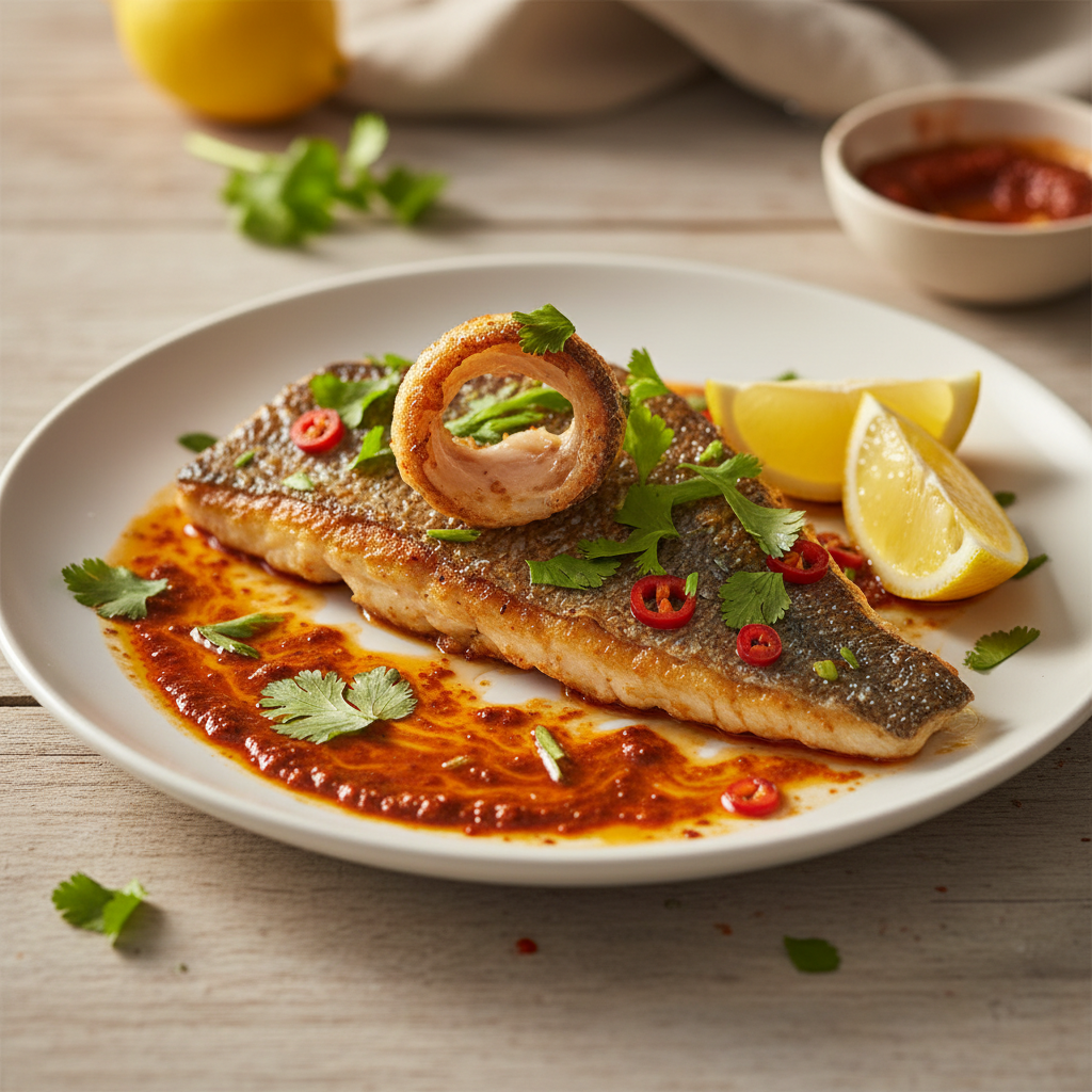 Pan-Fried Sea Bass in Harissa Butter finished dish
