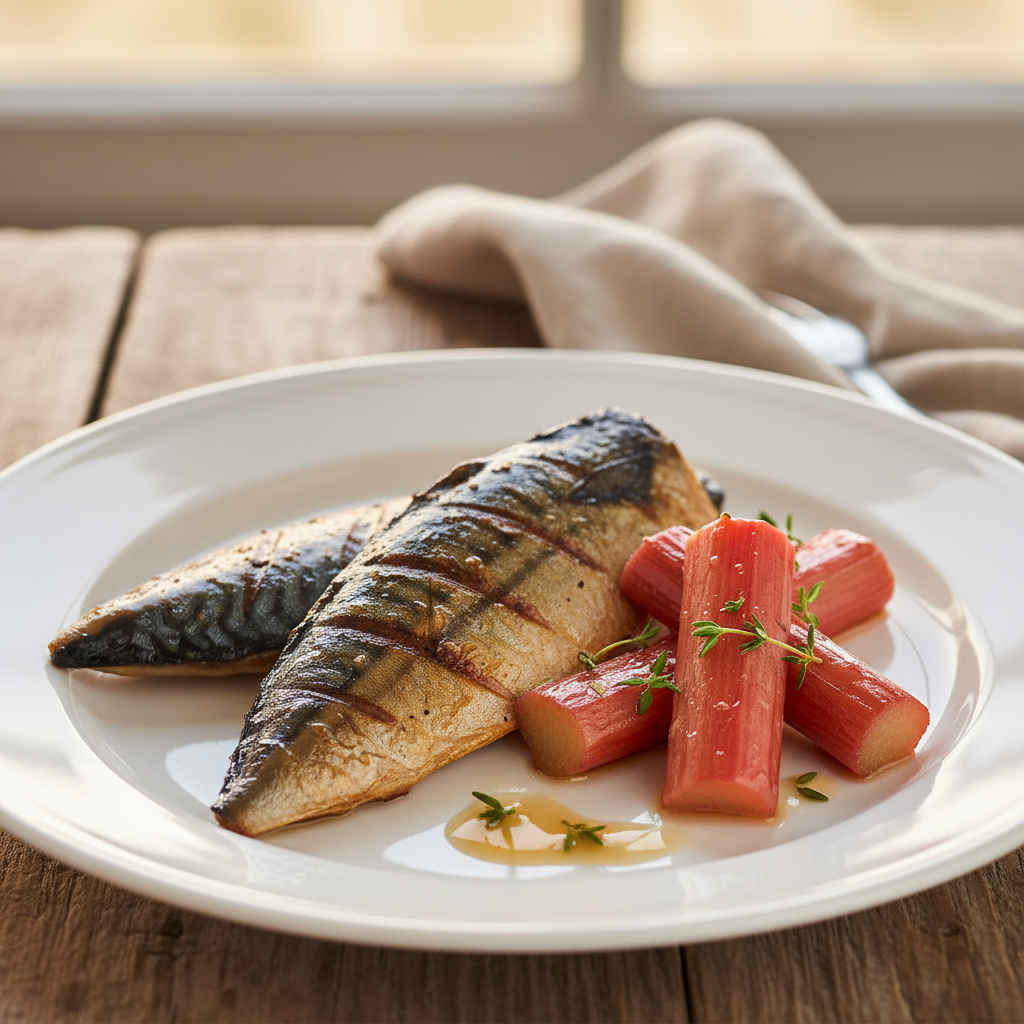 Fresh Mackerel with Roasted Rhubarb finished dish
