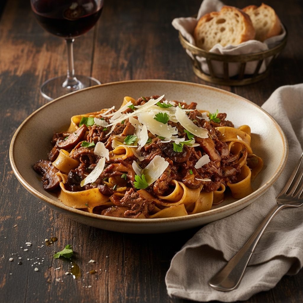 Pappardelle with Slow-Cooked Beef & Mushrooms finished dish