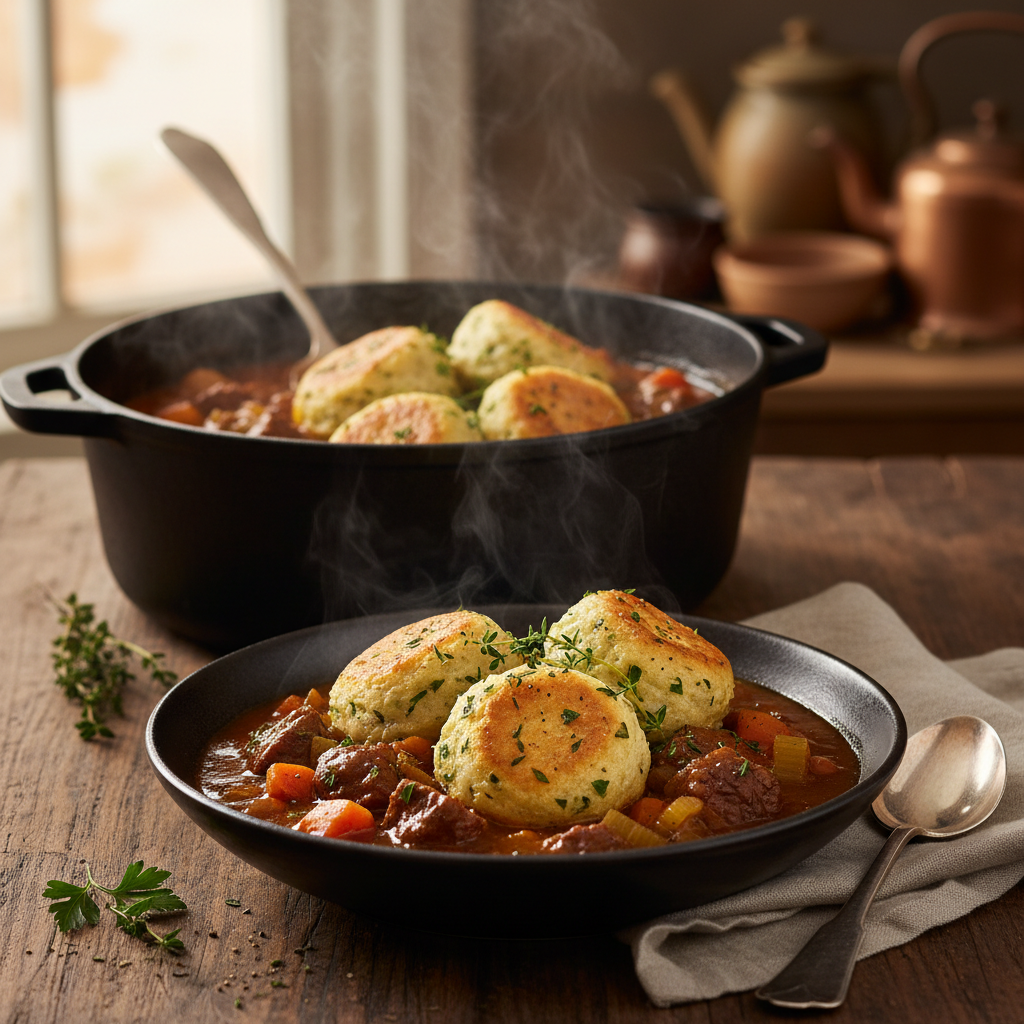 Beef Stew with Light Herby Dumplings finished dish