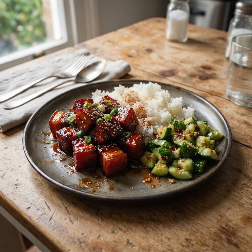Braised Red Sticky Pork with Cucumber Salad finished dish