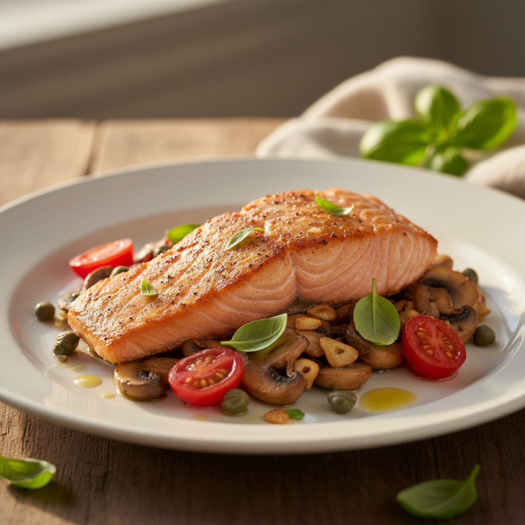 Sicilian-Style Salmon with Garlic Mushrooms finished dish