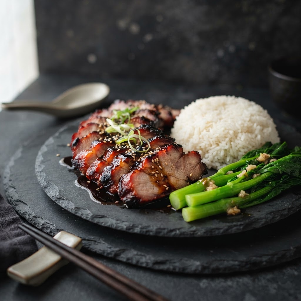 Barbecue Char Siu Roast Pork with Gai Lan finished dish